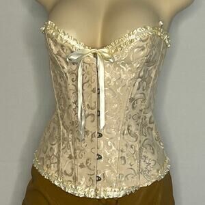 Ivory Lace-Up Boned Corset Bustier Top Size Large Ruffle Trim